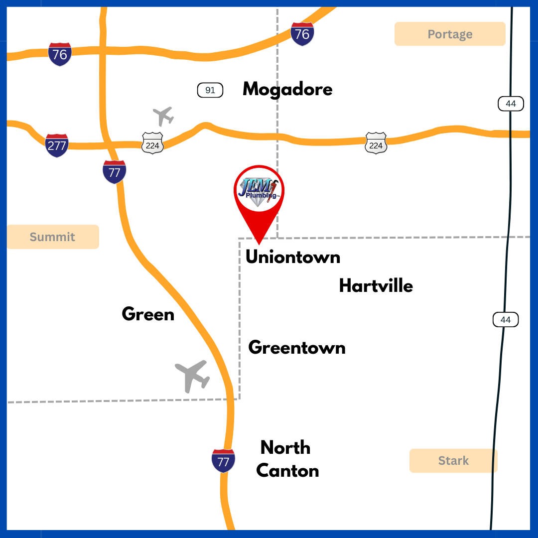 JEM Plumbing is based in Uniontown, OH and serves Hartville, Green, North Canton, Mogadore, along with Stark, Summit, and Portage Counties