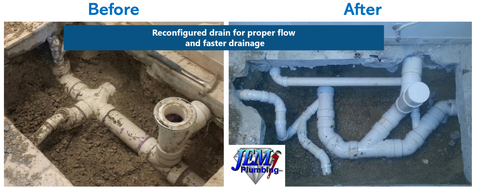 reconfigured drain before and after of drain configuration to improve water and drain flow